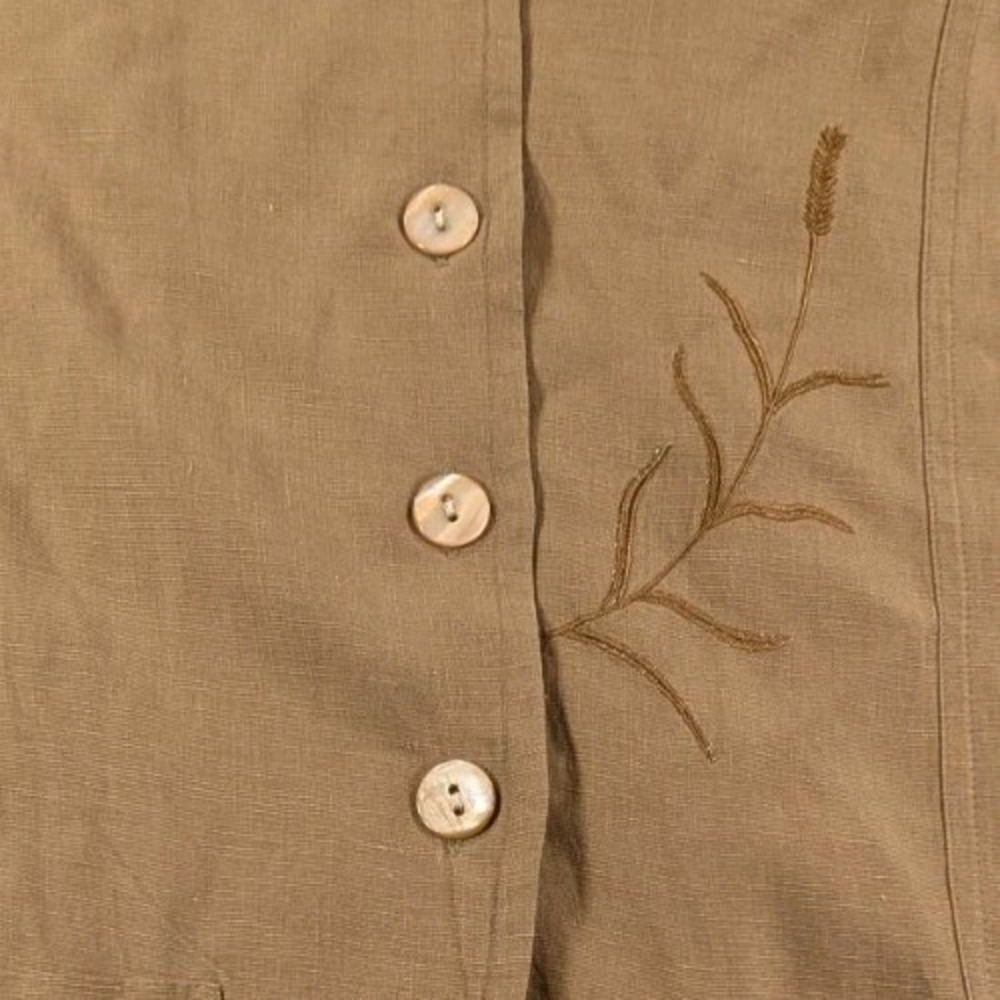 Wildroot Lagenlook Shirt Small Jacket Tan Embroidered Silk Linen Boho - Picture 6 of 10
